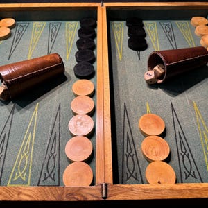 Beautiful marquetry French backgammon game with a cork playing surface, from the 1950s