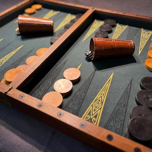 Beautiful antique French backgammon game, c.1890, with marquetry chess board