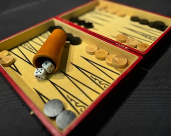 1920s Travel Backgammon Set: Antique Leatherette Board Game