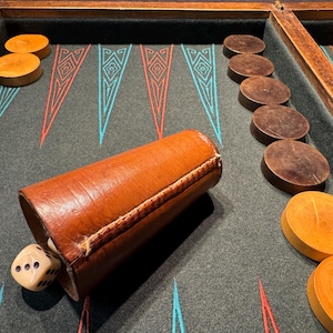 Può includere: Un set di backgammon con una superficie di gioco grigio scuro, cornice in legno e coppetta per dadi in pelle marrone. Il tabellone presenta segni triangolari rossi e blu. I pezzi del gioco sono in legno, marroni e beige.