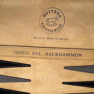 May include: Close-up of a backgammon board with a tan suede-like surface. The board features black and gray triangles, and the text "GIOCO DEL BACKGAMMON" is visible. The Bottega Conticelli logo is also present.