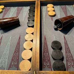 Può includere: Un set da gioco di backgammon con pezzi in legno e una superficie di gioco in feltro. Il gioco è in corso con pezzi neri e bianchi sul tabellone. I pezzi sono disposti in un motivo triangolare.