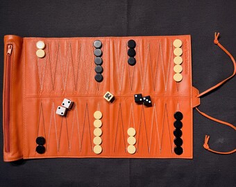 Handsome roll-up leather travelling backgammon
