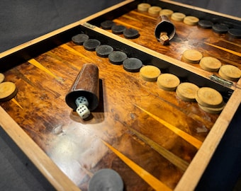A very unusual oak backgammon board, with burr-walnut marquetry playing surface (1940s)