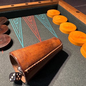 Può includere: Set da gioco del backgammon con cornice in legno, pedine marrone scuro e arancioni e un bicchiere per dadi in pelle. Il tabellone ha una superficie di gioco verde scuro con linee decorative blu e rosse. I dadi sono visibili all'interno del bicchiere.
