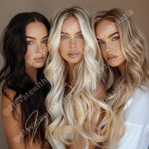 Puede incluir: Tres mujeres con el pelo largo y ondulado. La mujer de la izquierda tiene el pelo castaño oscuro, la mujer del centro tiene el pelo rubio claro y la mujer de la derecha tiene el pelo castaño claro. Las tres mujeres miran a la cámara.