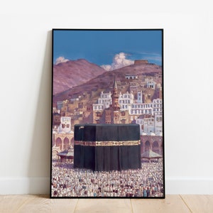 May include: A painting depicting the Kaaba, a cube-shaped building in Mecca, Saudi Arabia, surrounded by a crowd of people. The Kaaba is covered in a black cloth with a gold band. The painting also shows the surrounding buildings and mountains.
