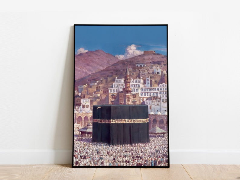 May include: A painting depicting the Kaaba, a cube-shaped building in Mecca, Saudi Arabia, surrounded by a crowd of people. The Kaaba is covered in a black cloth with a gold band. The painting also shows the surrounding buildings and mountains.