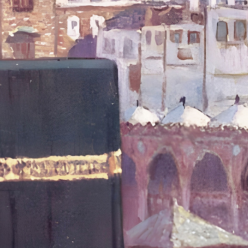 May include: A painting of a black cube with a gold band, set against a backdrop of a white building with a red roof. The building has multiple windows and arches.