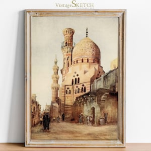 Vintage Cairo Mosque Wall Art Painting, Islamic Wedding Gift, Arab Architecture, Mosque wall art-Islamic Art, Islamic Decor, Mosque Painting