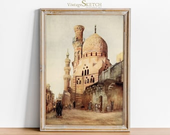 Vintage Cairo Mosque Wall Art Painting, Islamic Wedding Gift, Arab Architecture, Mosque wall art-Islamic Art, Islamic Decor, Mosque Painting