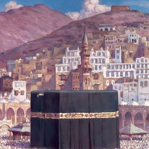 May include: A painting depicting the Kaaba, a cube-shaped building in Mecca, Saudi Arabia. The Kaaba is covered in a black cloth and surrounded by a large crowd of people. The painting also shows the surrounding buildings and mountains.