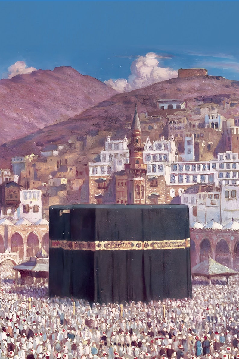 May include: A painting depicting the Kaaba, a cube-shaped building in Mecca, Saudi Arabia. The Kaaba is covered in a black cloth and surrounded by a large crowd of people. The painting also shows the surrounding buildings and mountains.