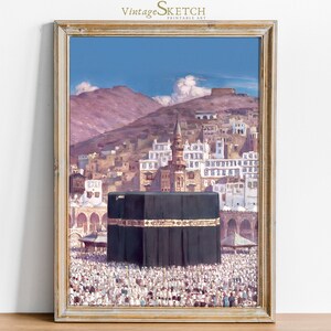 May include: A vintage painting of the Kaaba in Mecca, Saudi Arabia. The Kaaba is a cube-shaped building that is the holiest site in Islam. The painting shows the Kaaba surrounded by a large crowd of people. The painting is set against a backdrop of a city and mountains.