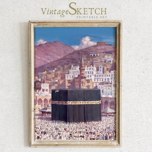 May include: A vintage-style painting of the Kaaba in Mecca, Saudi Arabia. The painting depicts the Kaaba, a cube-shaped building, surrounded by a crowd of people. The Kaaba is covered in a black cloth, and the painting is set against a backdrop of a blue sky and mountains.