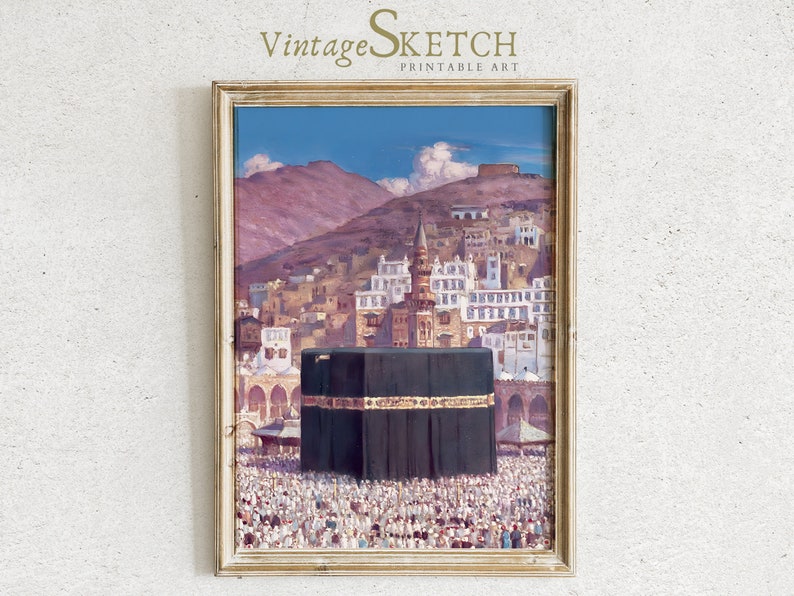 May include: A vintage-style painting of the Kaaba in Mecca, Saudi Arabia. The painting depicts the Kaaba, a cube-shaped building, surrounded by a crowd of people. The Kaaba is covered in a black cloth, and the painting is set against a backdrop of a blue sky and mountains.