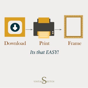 May include: A graphic showing the steps to download, print, and frame a digital image. The steps are represented by icons: a download arrow, a printer, and a picture frame. The text "Its that EASY!" is below the icons.