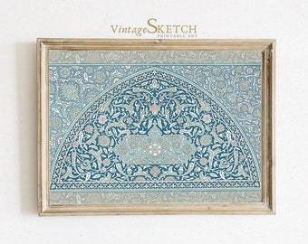 Könnte beinhalten: Ein gerahmter Druck eines Vintage-islamischen Designs mit komplizierten floralen Mustern in Blautönen, Grün- und Weißtönen. Das Design verfügt über einen zentralen Bogen und ist von einem Rand aus kleineren floralen Motiven umgeben.