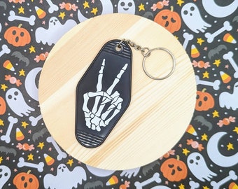 Skeleton Hand Keychain, Peace Skeleton, Skeleton Motel keychain, Cute Halloween keychain, Bag tag, mom life, spooky keyring, retro motel