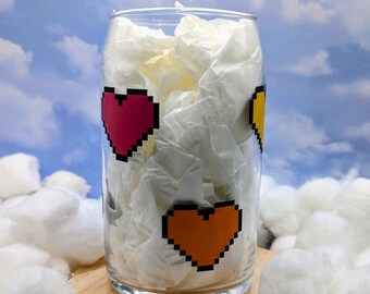 Pixel Hearts Glass for Iced Coffee, Video Game gift, Gamer Hearts glass, water glass, Beer Can Glass, gamer girl gift, Rainbow glass