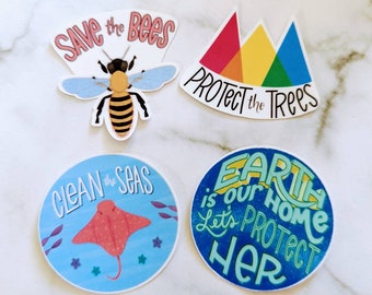 Earth Day sticker pack, waterproof, save the bees, protect the trees, clean the seas, nature stickers, Conservation sticker, Environment