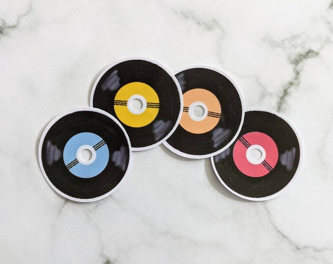 Record Sticker Pack, Set of 4 mini stickers, Vinyl waterproof, laptop, retro 80s 90s music, cassette, music sticker
