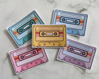 Cassette Sticker Pack, Set of 5 mini stickers, vinyl waterproof, laptop, retro 80s 90s music lover
