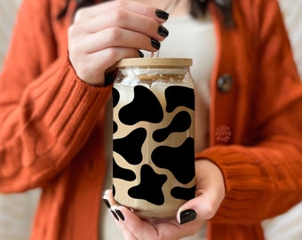 Cow print glass cup, cute cow glass can, glass tumbler, animal print glass, beer can glass, cow glass, cow coffee cup, iced coffee glass