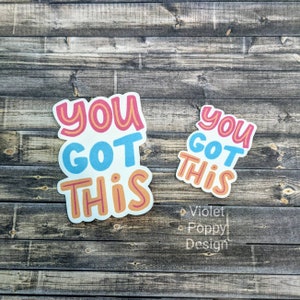 May include: Two stickers with the text "You Got This" in different sizes. The larger sticker has a pink, orange, and blue color scheme. The smaller sticker has a blue, orange, and white color scheme.