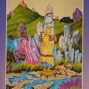 May include: A book cover with a colorful illustration of crystals, a woman, a wolf, a bird, and a turtle. The title of the book is "Love is in the Earth: A Kaleidoscope of Crystals" and the subtitle is "Updated". The author is Melody.