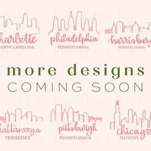May include: Pink and green graphic designs of city skylines with the names of the cities and states below. The cities are Charlotte, North Carolina; Philadelphia, Pennsylvania; Harrisburg, Pennsylvania; Chattanooga, Tennessee; Pittsburgh, Pennsylvania; and Chicago, Illinois.