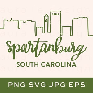 May include: Green line art illustration of the Spartanburg, South Carolina skyline with the text "Spartanburg" and "South Carolina" below. The text "PNG SVG JPG EPS" is at the bottom of the image.