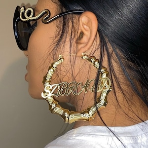 Name Bamboo Earrings Custom Name Earrings Bamboo Hoop Earrings Personalized Nameplate Earrings Jewelry For Women Kids Birthday Gifts