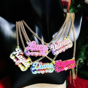 Collar con nombre personalizado, collar acrílico con nombre de leopardo, collar colorido personalizado, collar acrílico con nombre, placa de identificación personalizada, collar de cadena cubana