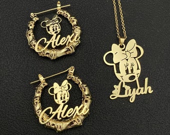 Custom Bamboo Earrings - Minnie Mouse Name Necklace - Name Bamboo Earrings - Cartoon Name Earrings - Girls Minnie Jewelry - Gift For Kids