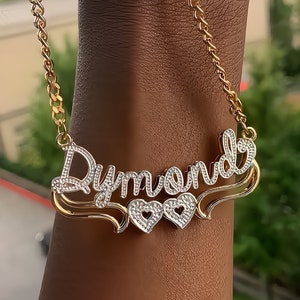 Nameplate Necklace, Double Name Plate, Custom Name Necklace, Nameplate With Underline Heart, Personalized Diamond Cut Nameplate Necklace