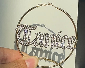 Dimond Name Hoop Earrings, Custom Name Earrings, Hoop Earrings Name, Name Earrings Gold, Personalized Earrings, Name Earrings For Women Kids