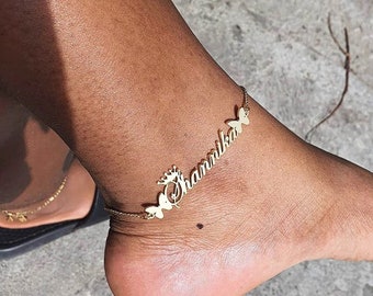 Name Anklet Bracelet - Anklet Custom Name - Nameplate Anklet  - Gold Name Anklet - Anklet With Butterfly - Personalized Gift  For Women