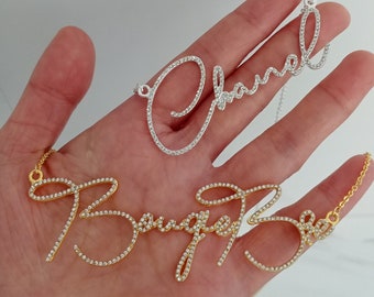 Custom Diamond Name Necklace-Crystal Name Necklace-Script Name Necklace-Gold Name Necklace-Personalized Name Necklace For Women