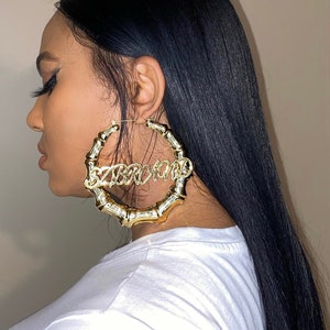 Name Bamboo Earrings - Custom Name Earrings - Personalized Earrings - Nameplate Bamboo Earrings - Gold Name Hoops - Large Hoop Earrings