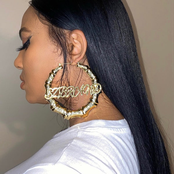 Name Bamboo Earrings - Custom Name Earrings - Personalized Earrings - Nameplate Bamboo Earrings - Gold Name Hoops - Large Hoop Earrings