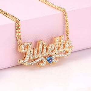 Script Diamond Name Necklace, Custom Double Name Necklace, 3D Name Necklace, Gold Name Necklace, Kids Women Name Jewelry, Gift for Her
