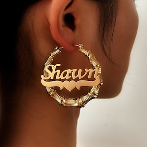 Custom Bamboo Earrings,Bamboo Hoop Earrings,Personalized Nameplate Earrings,Gold Hoop Earrings,Personalized Jewelry Earrings, Gift for Her