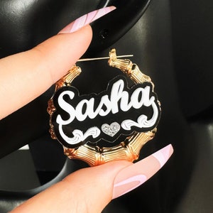 Custom Name Bamboo Earrings, Custom Name Earrings, Acrylic Name Earrings, Name Bamboo Earrings, Personalized Hoop Earrings For Women Kids