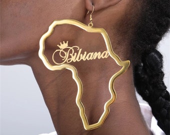 Custom Africa Map Earrings, Name Africa Hoop Earrings, Africa Map Earrings, Personalized African Earring Hoops, Charmed Jewelry Gift