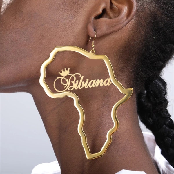 Custom Africa Map Earrings, Name Africa Hoop Earrings, Africa Map Earrings, Personalized African Earring Hoops, Charmed Jewelry Gift