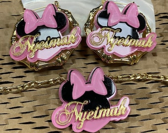 Minnie Maus Acryl Name Ohrringe und Halskette Set