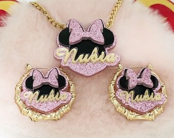 Minnie Maus Schmuckset, Bambus Ohrringe Name, Minnie Maus Halskette, Benutzerdefinierte Name Ohrringe, Acryl Name Ohrringe Halskette Kinder Mädchen Geschenke