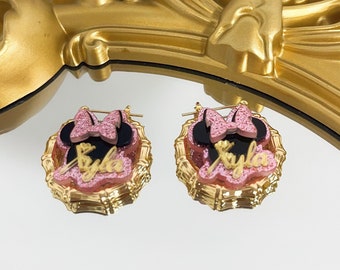 Minnie Earrings, Custom Name Bamboo Earrings, Baby Earrings, Cartoon Earrings, Gold Hoop Earrings, Personalized Character Earrings Kids Gift