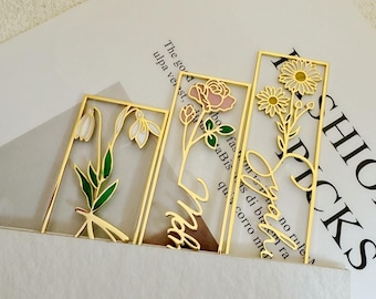 Custom Birth Flower Bookmark, Personalized Stainless Steel Bookmark
